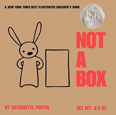 Cover image for Not a Box shows a outline drawing of a rabbit with hands on hips standing next to a rectangular box shape.