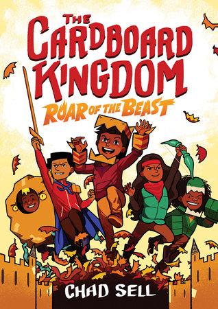Cover image for The Cardboard Kingdom Roar of the Beast shows five children in costume leaping into imaginary battle.