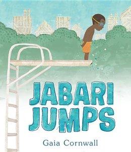 Cover image for Jabari Jumps shows a child standing on the edge of a pool diving board looking down.