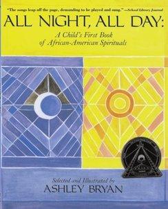 Cover for All Night, All Day shows a patchwork collage depicting a night scene with the moon on the left and a day scene with the sun on the right.