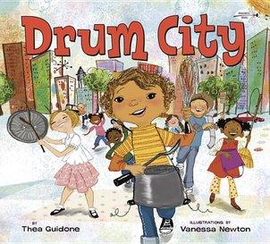 Cover image for Drum City shows children marching down a city street banging drums they have made out of household objects.
