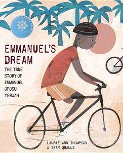 Cover image for Emmanuel's Dream shows a man with one leg riding a bicycle with a background of the setting sun and palm trees.
