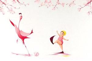 Postcard image shows a girl in pink bathing suit and flippers mimicking the movements of a pink dancing flamingo.