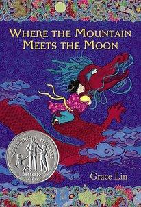 Cover image for Where the Mountain Meets the Moon shows a girl riding on the back of a flying red dragon. 