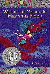 Cover image for Where the Mountain Meets the Moon shows a girl riding on the back of a flying red dragon.