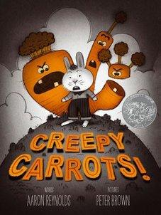 A scared looking rabbit is being followed by giant carrots with angry monster-like faces.