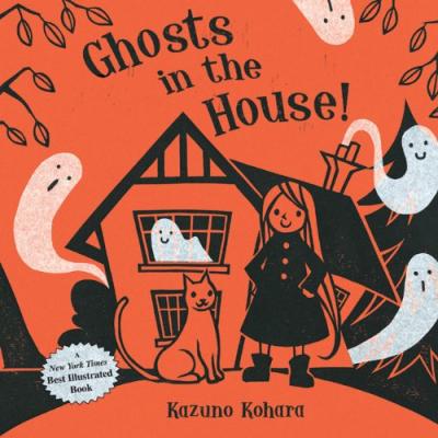 A smiling girl in a black dress stands next to her cat in front of a house full of smiling ghosts.