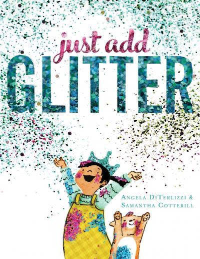 A child wearing a crown and glitter-covered apron throws multicolored glitter joyfully into the air.