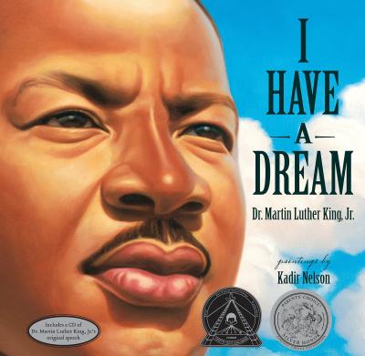 Illustration of Martin Luther King Jr.'s face against a blue sky with white clouds.