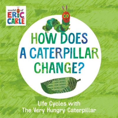 A green caterpillar inches along the top of the text "How Does a Caterpillar Change?" A green leaf sits below.