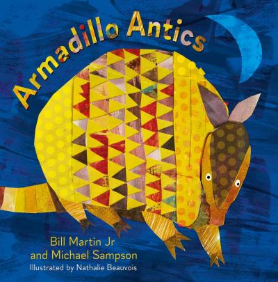 A collage illustration of an armadillo with a colorful shell standing in front of a blue background.