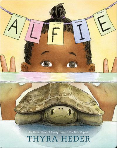 A brown skinned child peers into an aquarium tank with a turtle inside. A colorful party banner spelling out A-L-F-I-E hangs above the child's head.