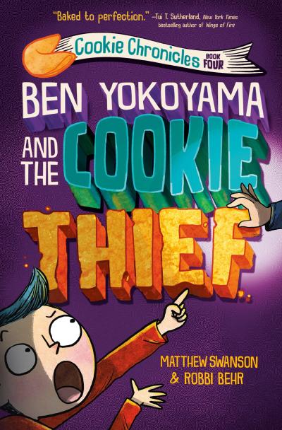A boy points with a shocked expression to a hand stealing a cookie.