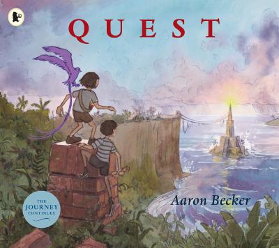Two children and a purple bird stand on a cliff overlooking the ocean and a glowing tower in the distance.