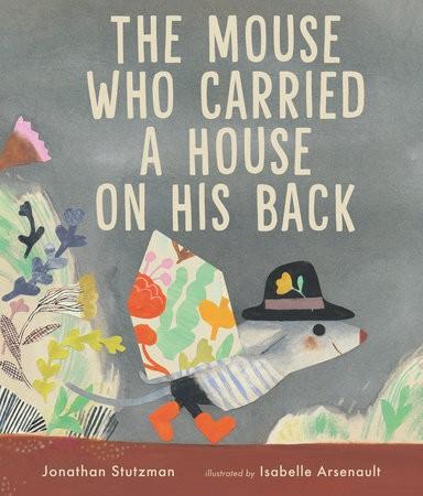 A mouse wearing a black hat, striped shirt and orange boots carries a colorful collage house on its back.