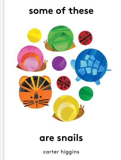 An assortment of colorful circular shapes including three snails, a turtle and a tiger face on a white background.