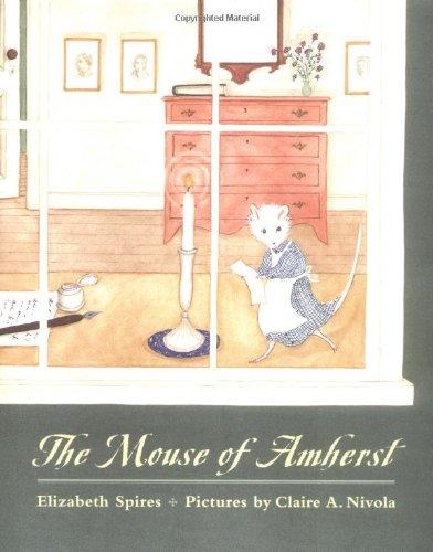 A mouse wearing a dress walks by a window next to a candlestick, quill and paper.