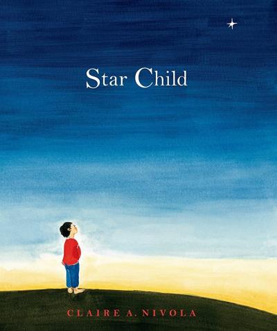 A child wearing a red shirt and blue pants looks up into a night sky with a single star shining.