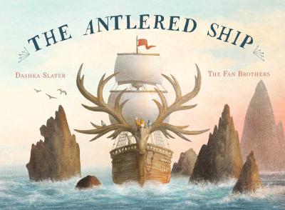 A wooden ship with an antlered figurehead navigates through rock filled seas.