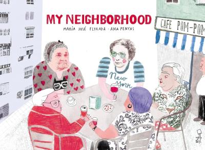 Five older women sit around a circular table in a neighborhood cafe sharing drinks.