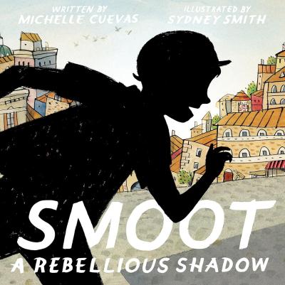 A mischeivous silhouette runs through the book title and through the town.