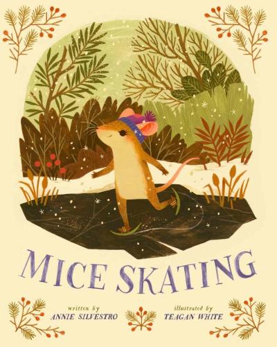 A mouse wearing a winter hat and ice skates skates across a small icy pond.