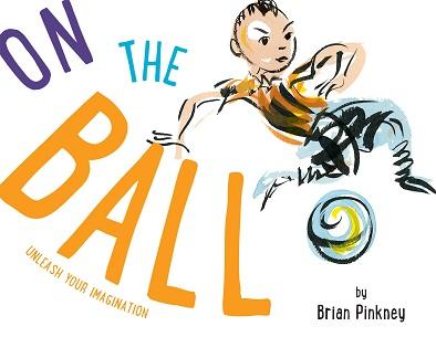A child leaps around the book title and over a ball.