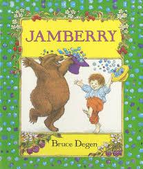 A bear and a child smile and dance holding top hats overflowing with berries.