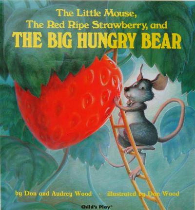 A mouse on a ladder holds a finger over its lips while touching a giant red strawberry.
