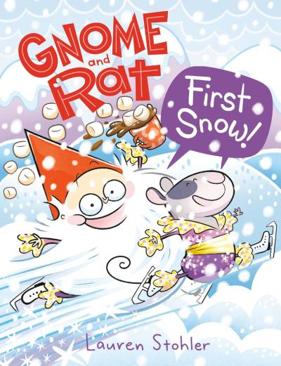illustration of a gnome and rat having fun in the snow