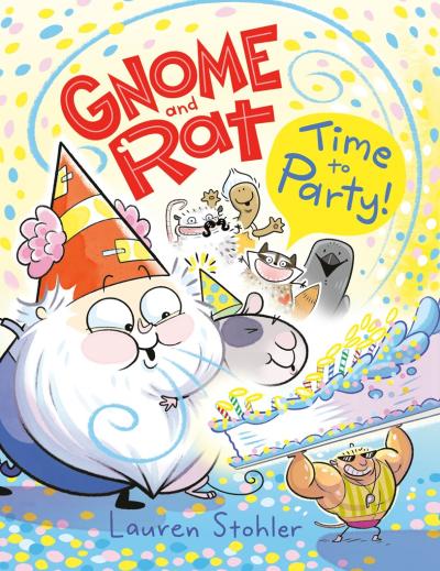 illustration of a gnome and rat wearing party hats