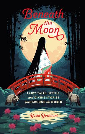 A woman with long black hair walks across a red bridge in front of a giant full moon at night.