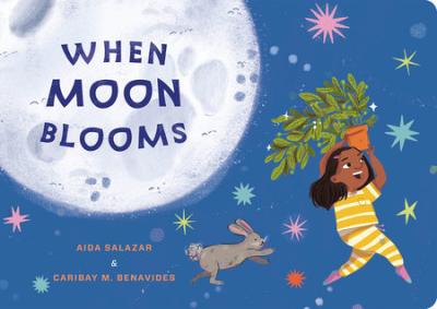 A child in yellow striped pajamas runs by carrying a potted plant in front of a full moon.
