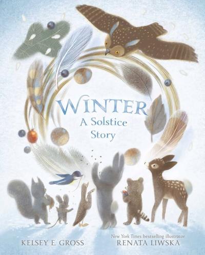 Animals gather around a bright circle of feathers, berries, and nuts in the winter snow.