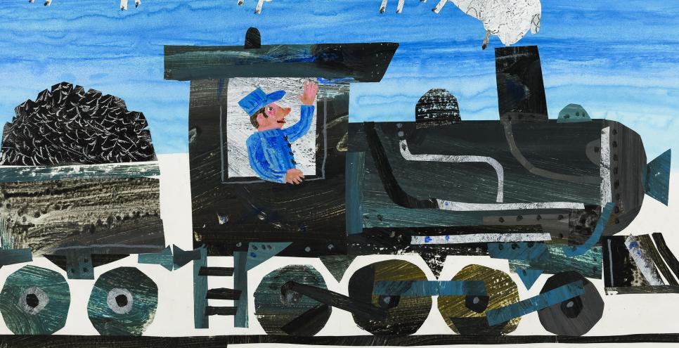 An illustration of a train with sheep coming out of the engine.