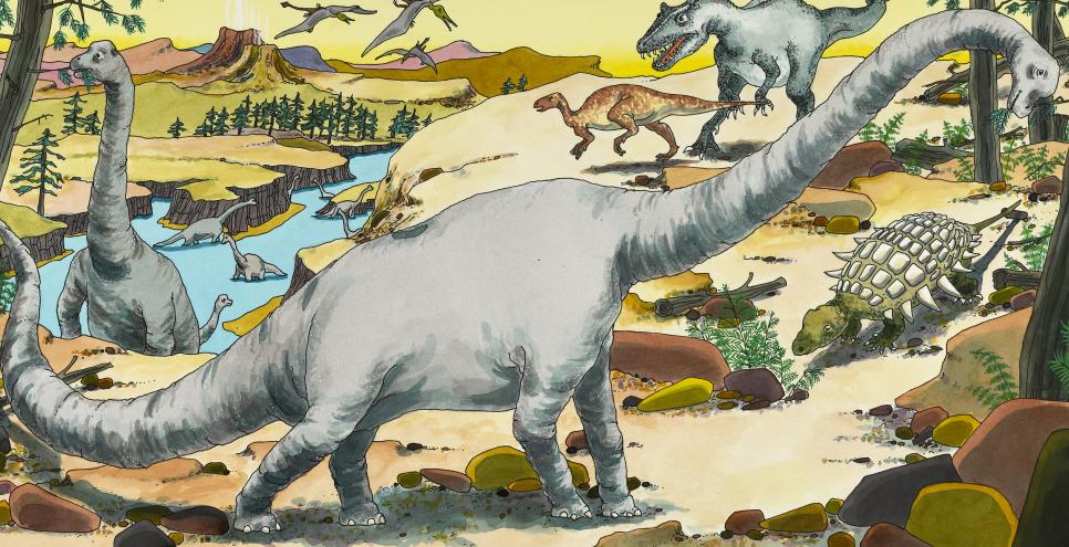 Illustration of Brachiosaurus in landscape. 