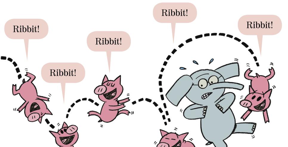 Illustration of Piggie jumping like a frog over Elephant.