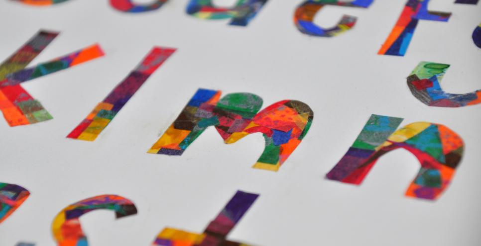 A brightly colored collage alphabet.
