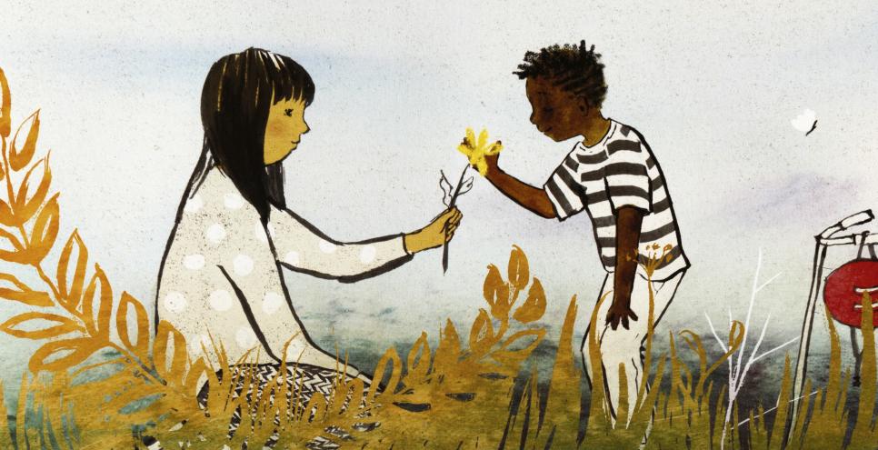 Illustration of child handing another child a flower in a meadow. 