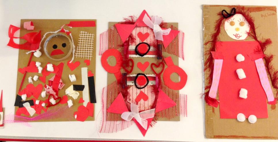 Four found material sculptures made from red, white, and black supplies on cardboard bases.