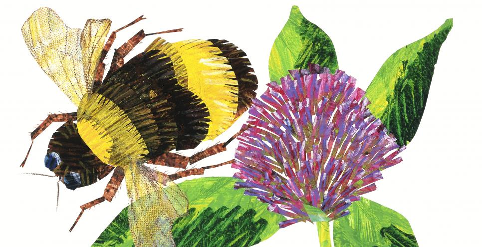 Illustration of a bumblebee on a purple flower. 