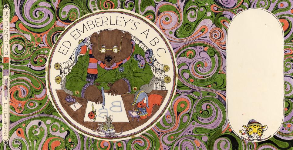 Illustration of bear drawing on table framed in circle by paisley design. 