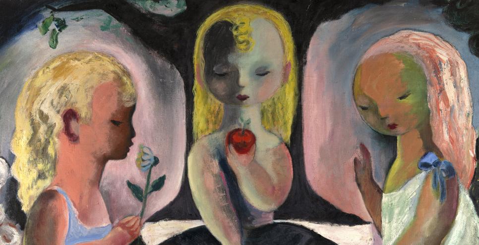 Painting of three girls eating picnic. 