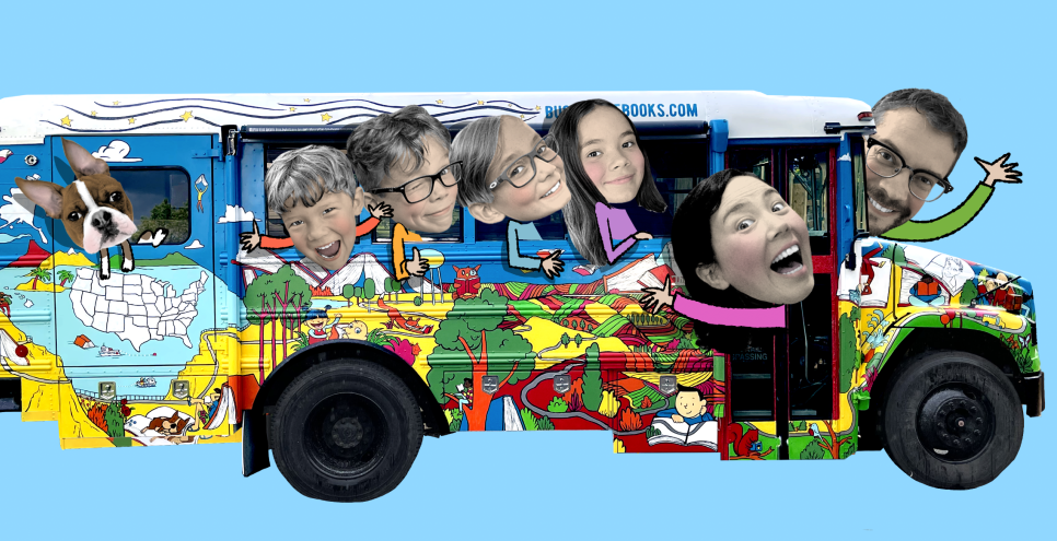Graphic of colorful school bus with heads of 2 parents and 4 children showing.