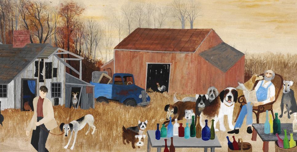 Illustration of lots of dogs and farmers sitting outside at table in front of barn. 