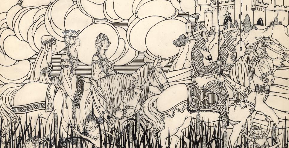 Illustration of knights and ladies riding towards castle. 