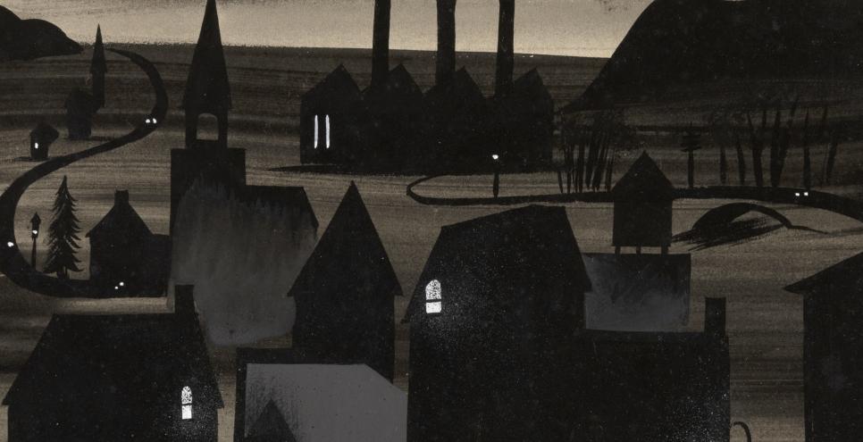 Illustration of houses at night. 