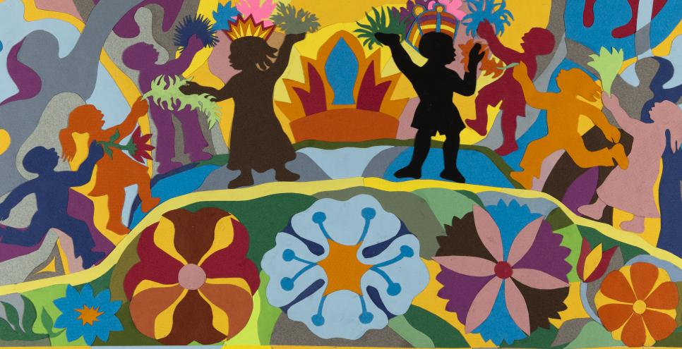 Illustration of silhouettes of people and flowers. 