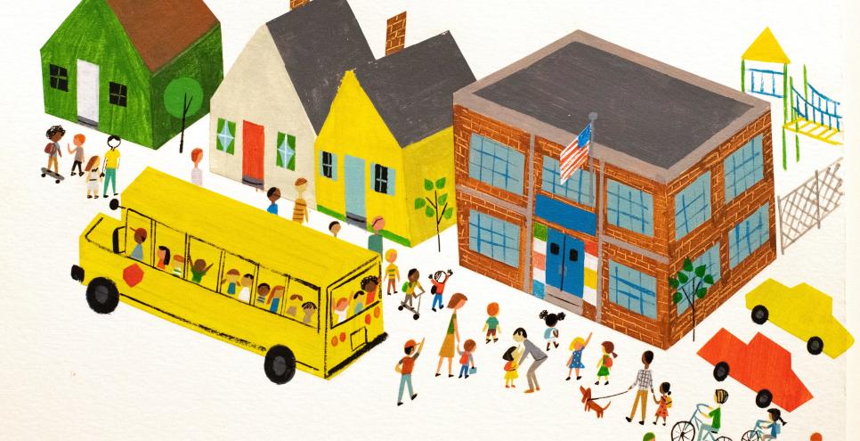 Illustration of children leaving bus for school. 