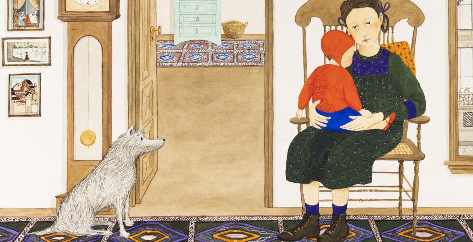 Illustration of girl sitting in chair holding child and dog sitting on carpet.